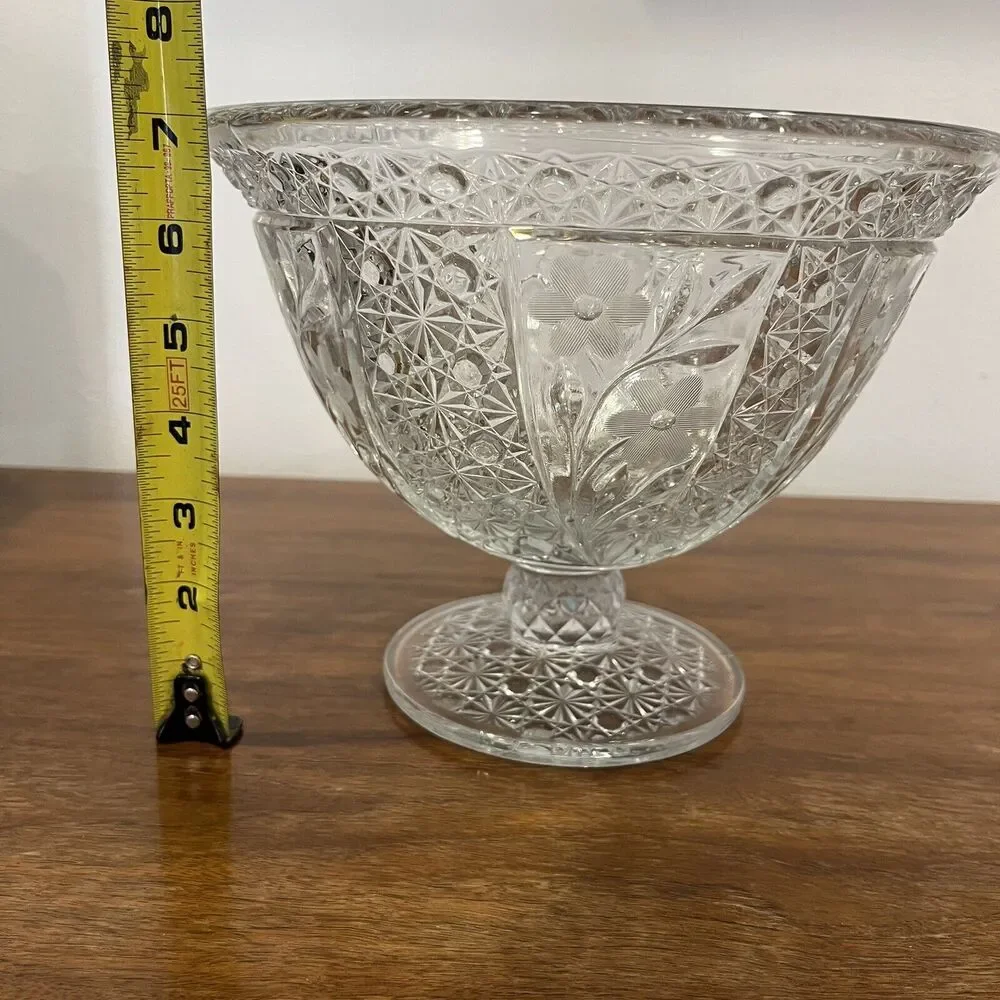 Vintage Compote Punch Bowl Candy Dish w/Frosted Etched Glass Flowers Starburst